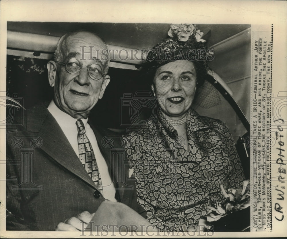 1950 Press Photo Admiral Arthur Japy Hepburn, bride Agnes McMahon after wedding