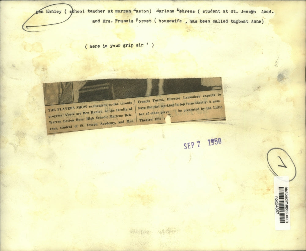 1950 Press Photo Ben Hanley and Marlene Bechens, Mrs. Francis Forest in play