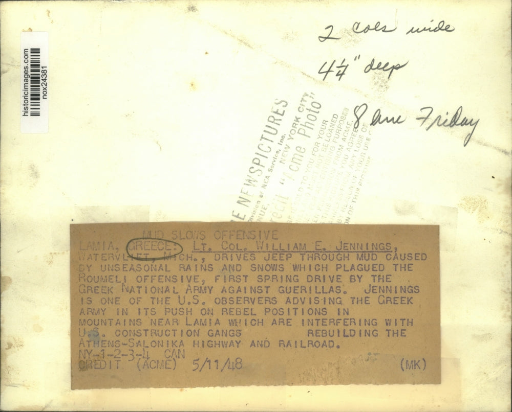 1948 Press Photo Lieutenant Colonel William E. Jennings in Jeep through Greece