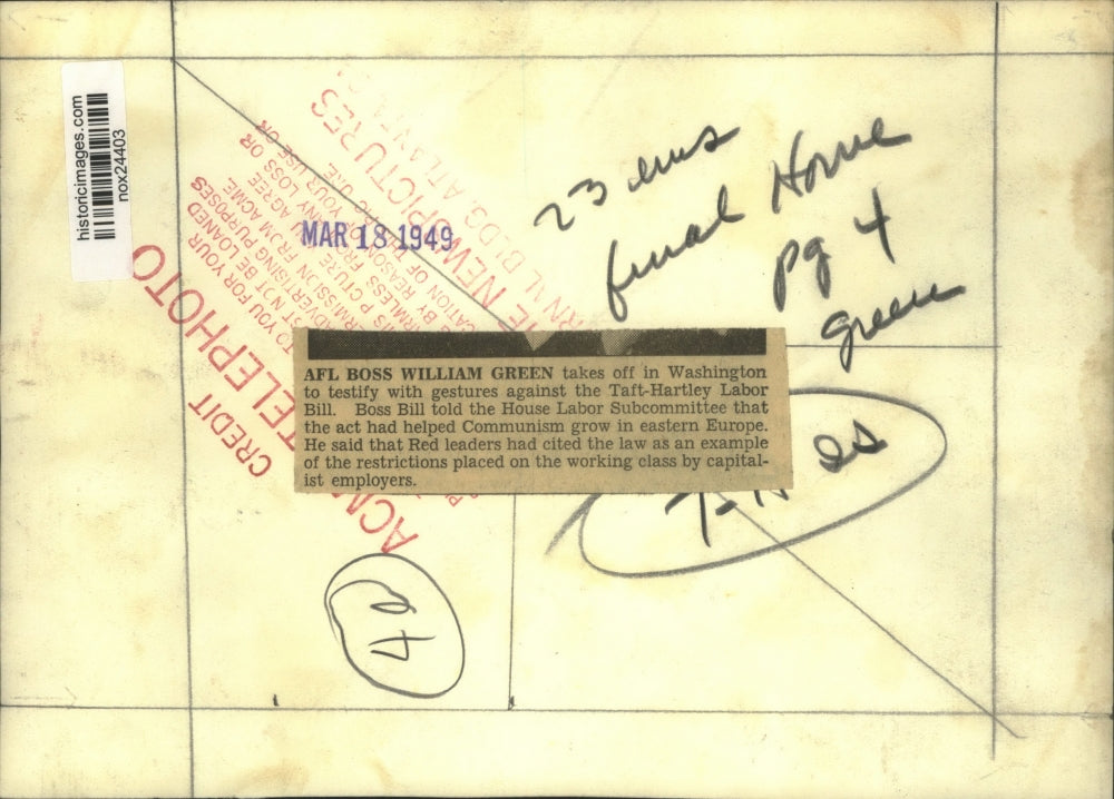 1949 Press Photo AFL boss William Green testifies, Washington against Labor Bill