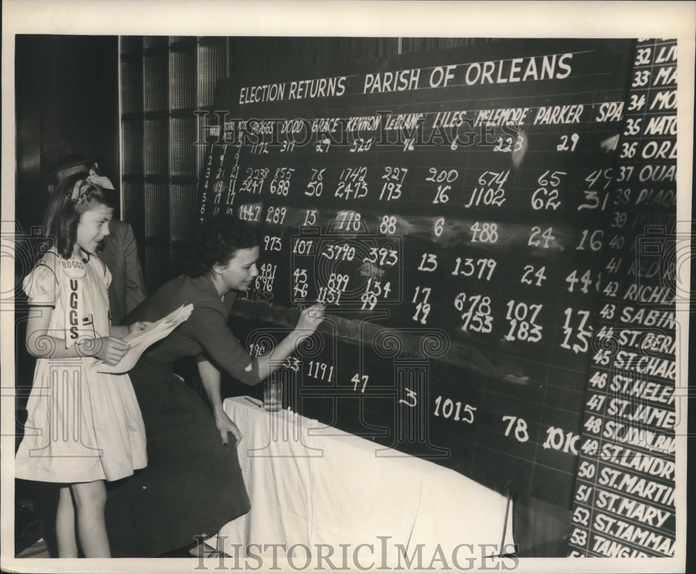 1952 Press Photo Corinne Boggs helps Marjorie Hoffman write results on board
