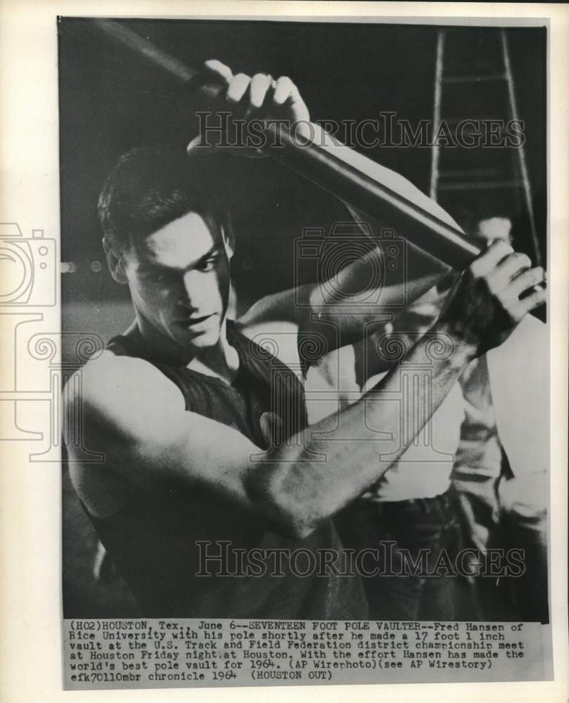Load image into Gallery viewer, 1964 Press Photo Fred Hansen of Rice University after 17 ft pole vault, Houston
