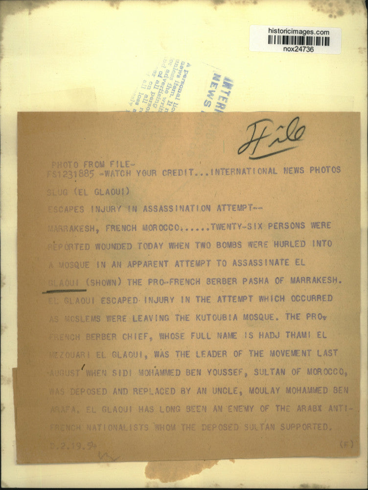 1954 Press Photo Pro-French Berber Pasha of Marrakesh El Glaoui - nox24736