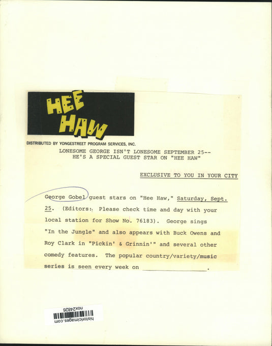 Press Photo Actor/Comedian George Gobel on "Hee Haw" - nox24826