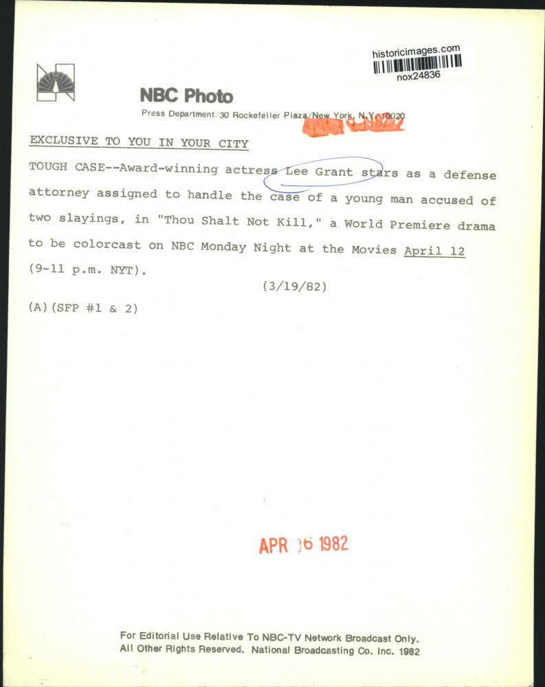 1982 Press Photo Actress Lee Grant in "Thou Shalt Not Kill" - nox24836