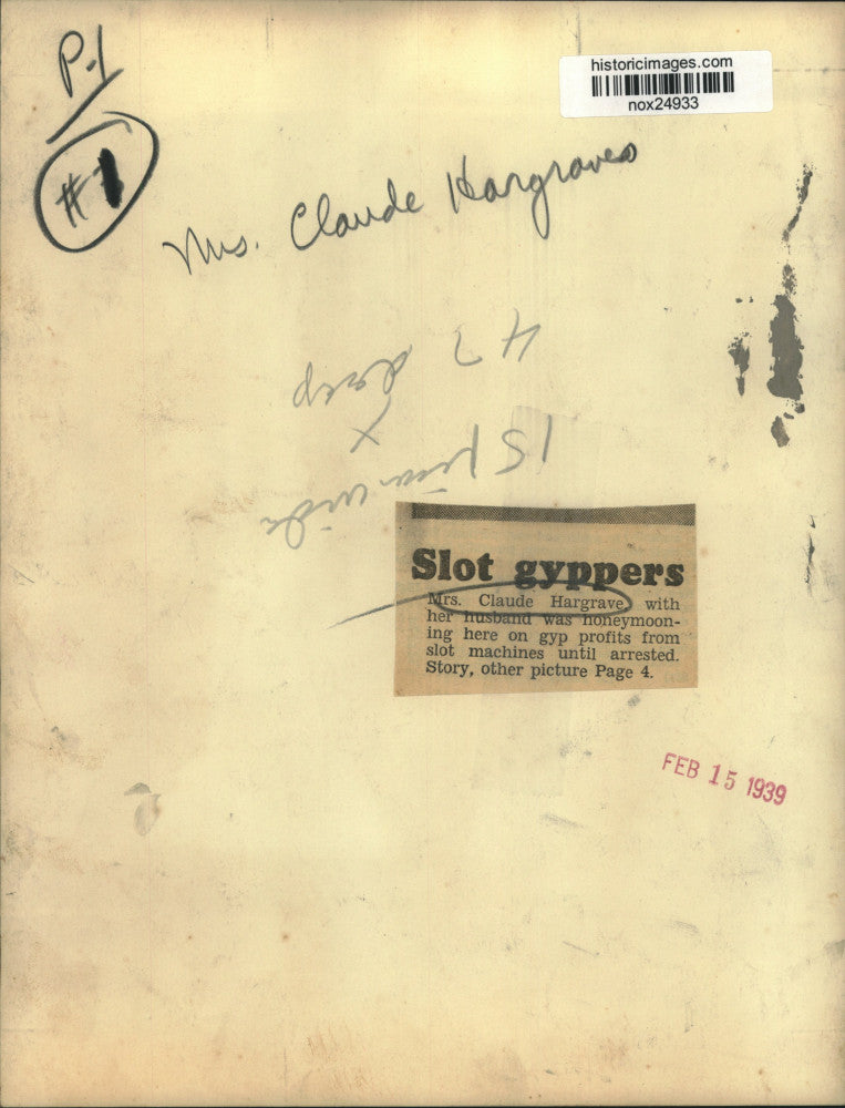 1939 Press Photo Mrs. Claude Hargrave, Arrested in Slot Machine Scam - nox24933