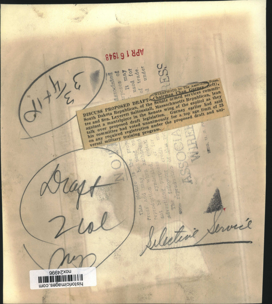 1948 Press Photo Senators Gurney, Saltonstall Discuss Draft Legislation