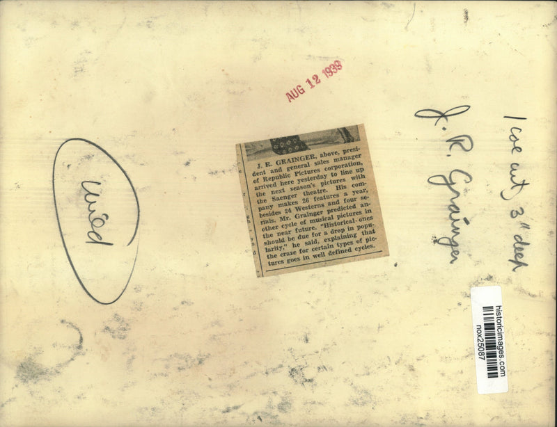 Load image into Gallery viewer, 1939 Press Photo Republic Pictures Corporation President J.R. Grainger
