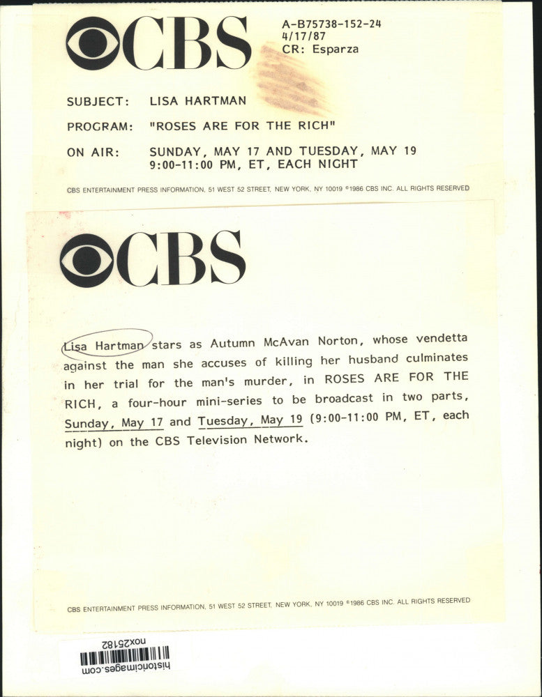 1987 Press Photo Actress Lisa Hartman in "Roses are for the Rich" - nox25182