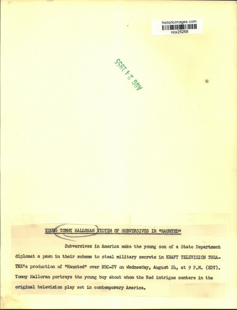 1955 Press Photo Actor Tommy Halloran in "Kraft Television Theatre's" "Haunted"