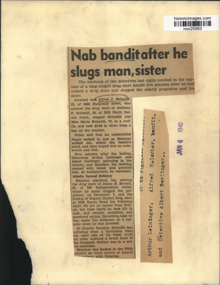 1940 Press Photo Robber Alfred J. Helscher with Arresting New Orleans Detectives