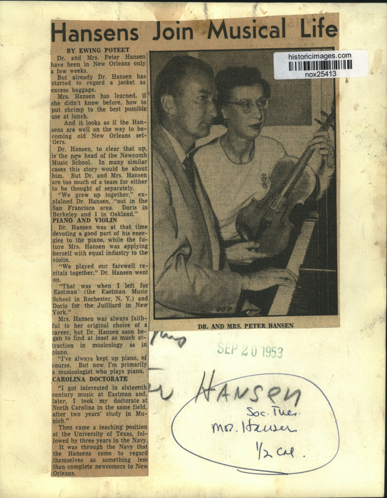 1953 Press Photo Newcomb Music School Head Dr. Peter Hansen &amp; Wife, Musicians