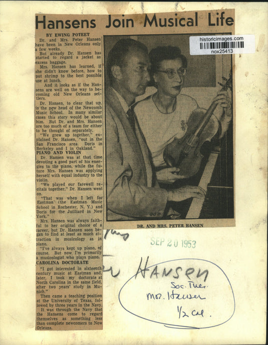 1953 Press Photo Newcomb Music School Head Dr. Peter Hansen & Wife, Musicians