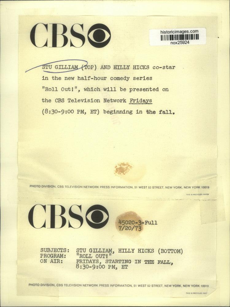 1973 Press Photo Actors Stu Gilliam, Hilly Hicks in "Roll Out!" on CBS TV