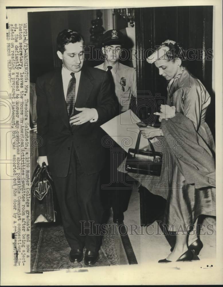 1953 Press Photo Mrs. Theodora Goldstein ejected from courtroom, escorted