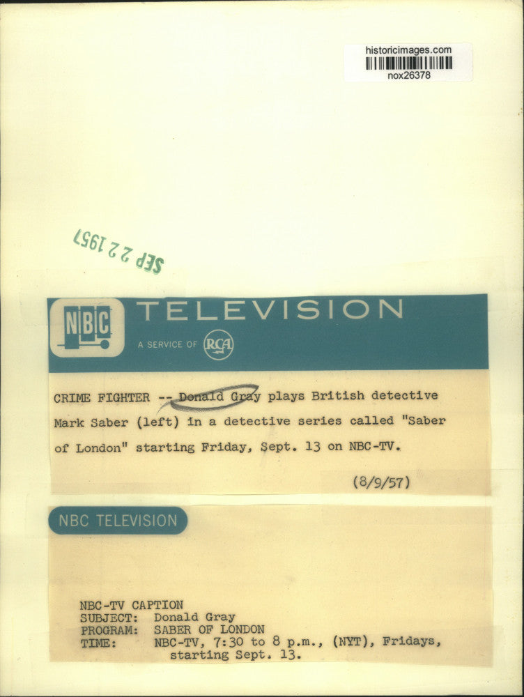 1957 Press Photo Actor Donald Gray plays British detective Mark Saber on NBC-TV