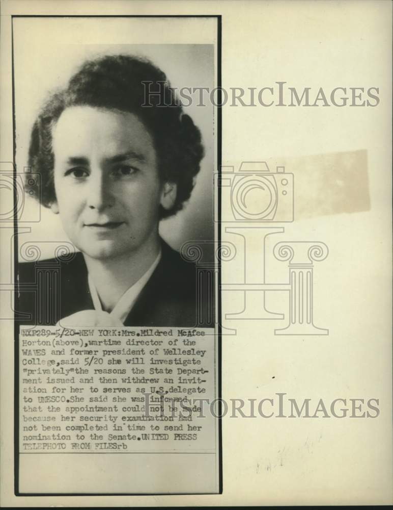 1953 Press Photo Mrs. Mildred McAfee Horton, Wartime director of the WAVES Group