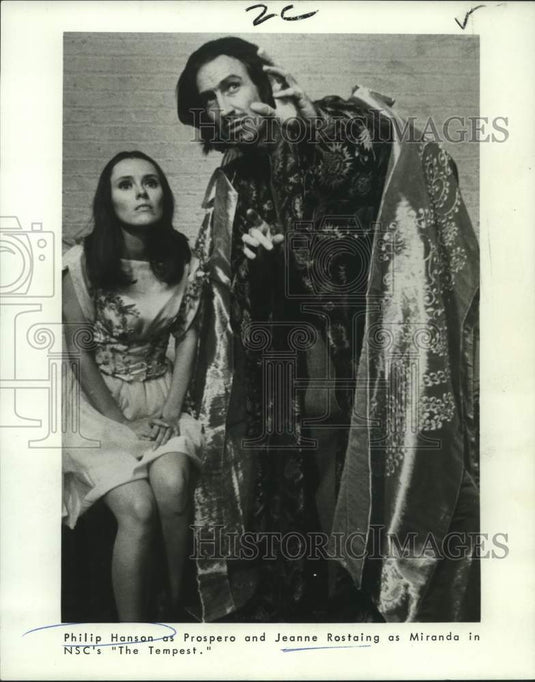 1970 Press Photo Actors Philip Hanson as Prospero, Jeanne Rostaing, The Tempest