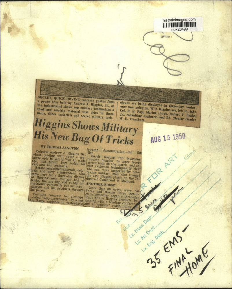 1950 Press Photo Andrew J. Higgins, Senior sprays concrete from high power hose