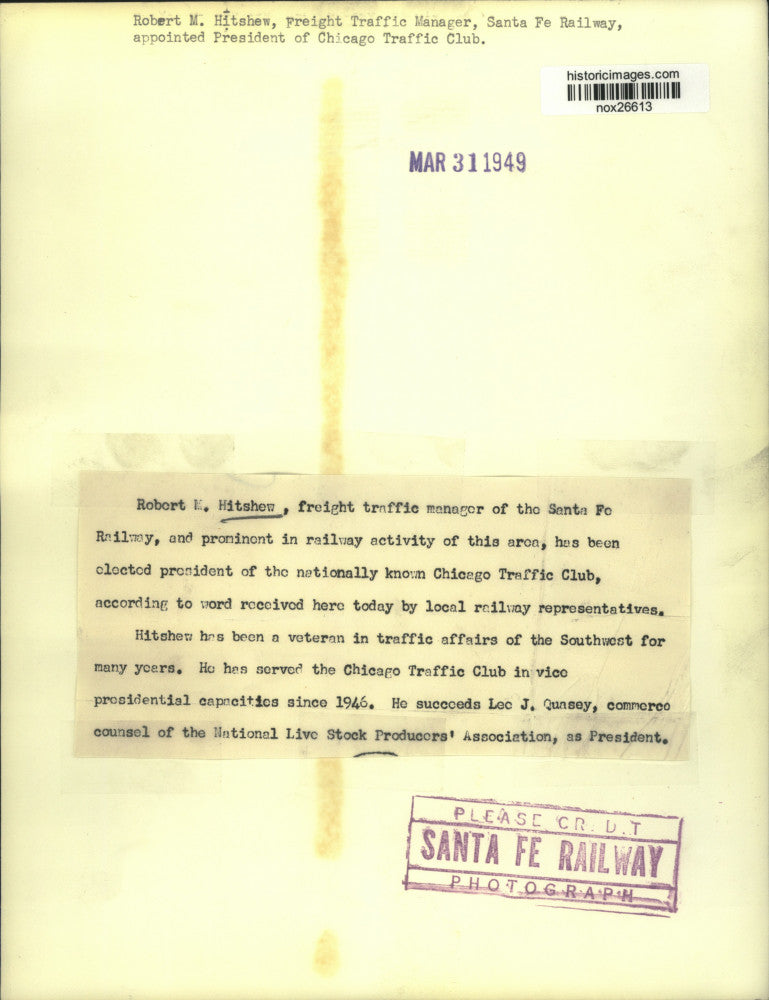 1949 Press Photo Robert M. Hitshew, President Chicago Traffic Club