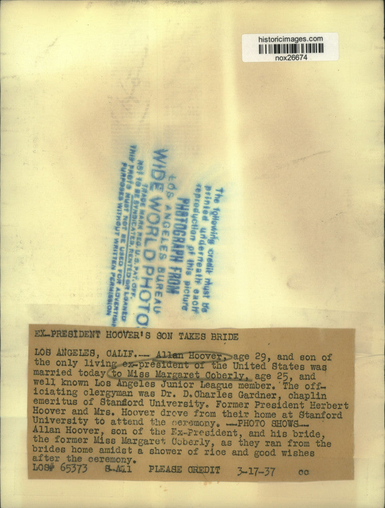 1937 Press Photo Allan Hoover and Miss Margaret Conerly, marry in Los Angeles