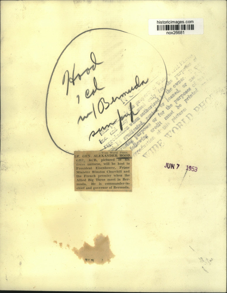 1953 Press Photo Lieutenant General Alexander Hood, Bermuda