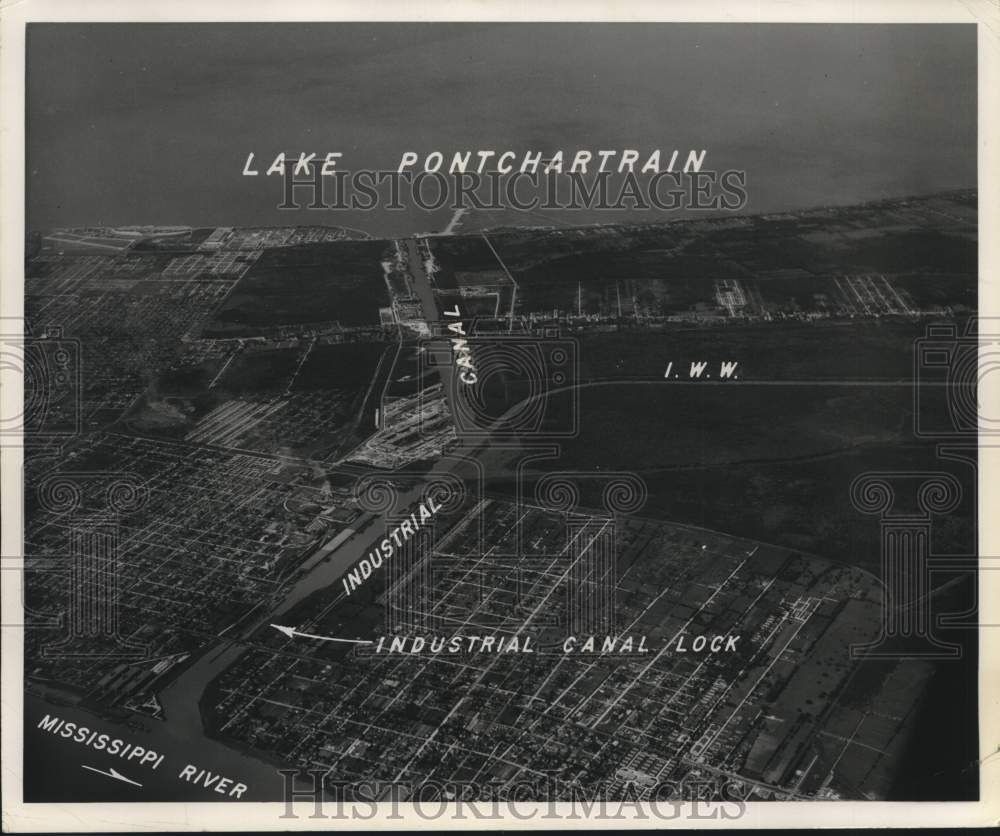 1946 Press Photo Industrial Canal, Mississippi River and Lake Pontchartrain