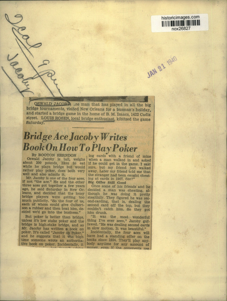 1940 Press Photo Bridge Player Oswald Jacoby at Bridge Game in New Orleans