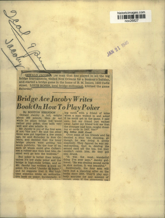 1940 Press Photo Bridge Player Oswald Jacoby at Bridge Game in New Orleans