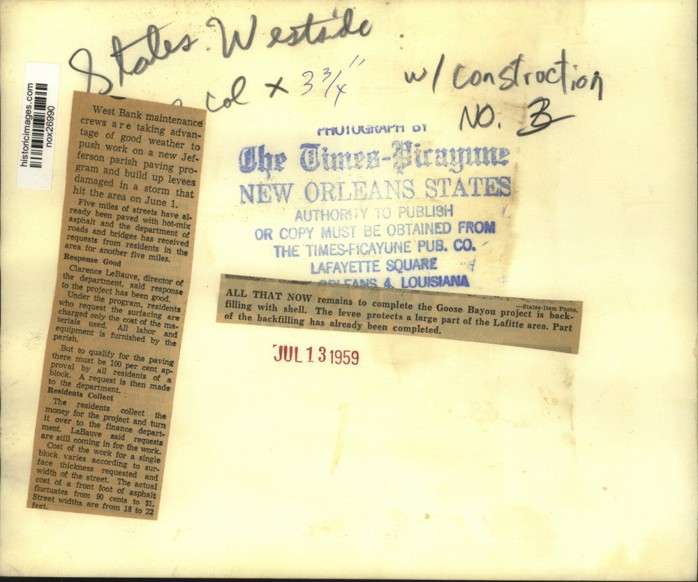 1959 Press Photo Goose Bayou Levee Being Back Filled with Shell - nox26990