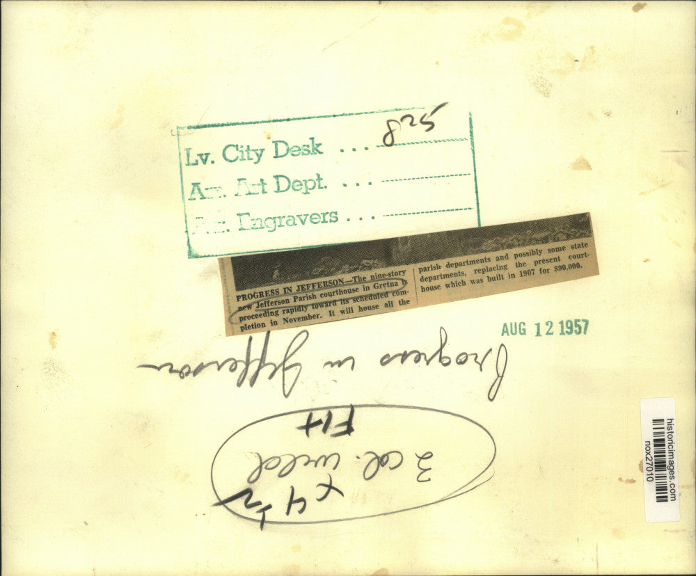 1957 Press Photo Construction of Jefferson Parish Courthouse in Gretna