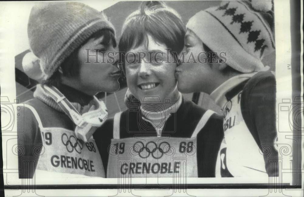 1968 Press Photo Olympic Women&#39;s Giant Slalom Winner Nancy Greene Gets Kisses