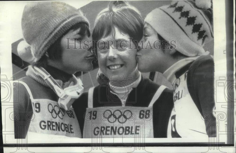 Load image into Gallery viewer, 1968 Press Photo Olympic Women's Giant Slalom Winner Nancy Greene Gets Kisses
