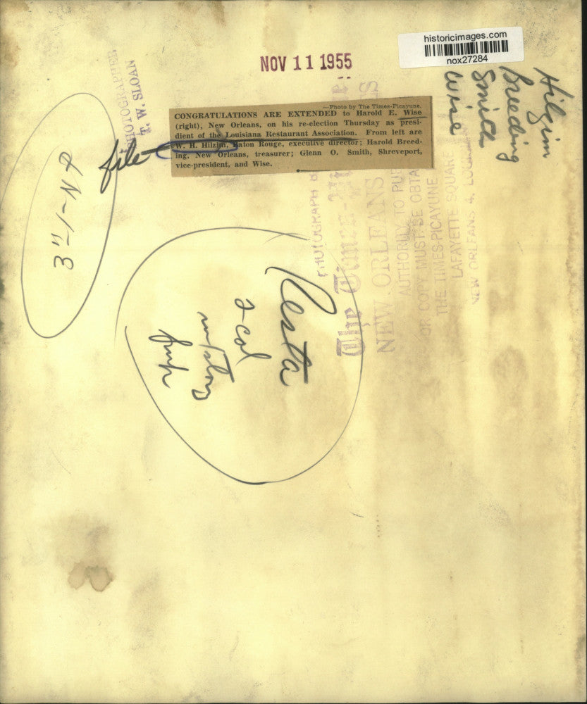 1955 Press Photo Louisiana Restaurant Association President Congratulated