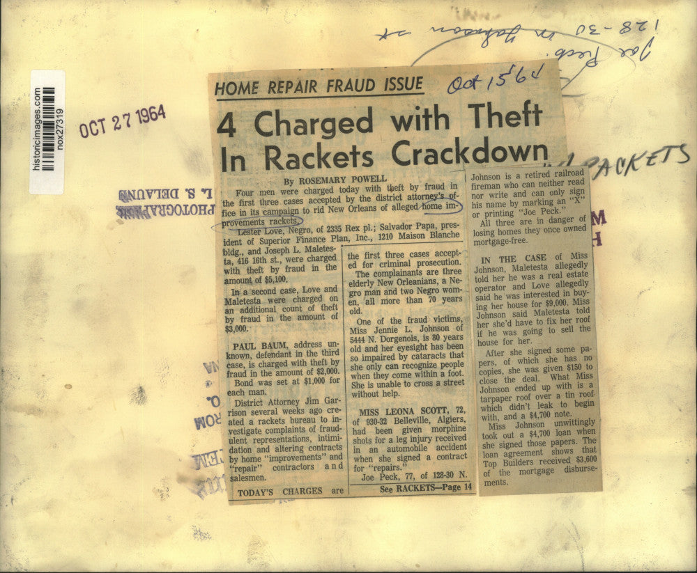 1964 Press Photo Owner of 129-30 North Johnson Home Victim of Fraud, New Orleans