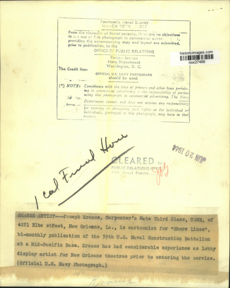 1944 Press Photo Orleanian Joseph Krauss, Carpenter's Mate Third Class, USNR