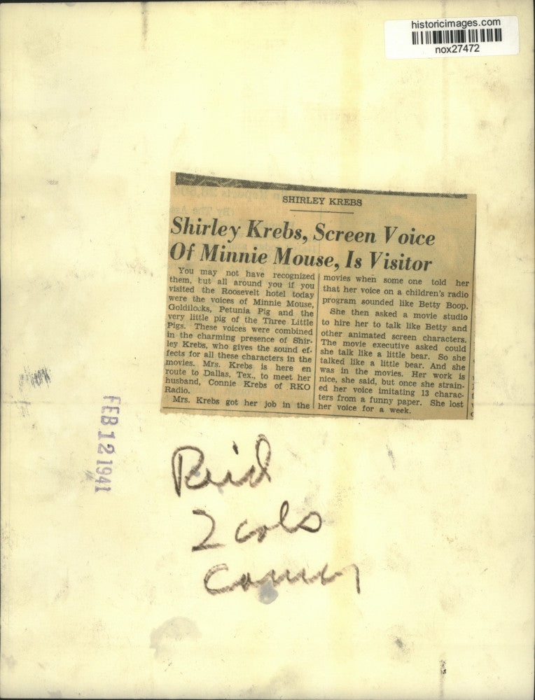 1941 Press Photo Minnie Mouse Voice Actress Shirley Krebs - nox27472