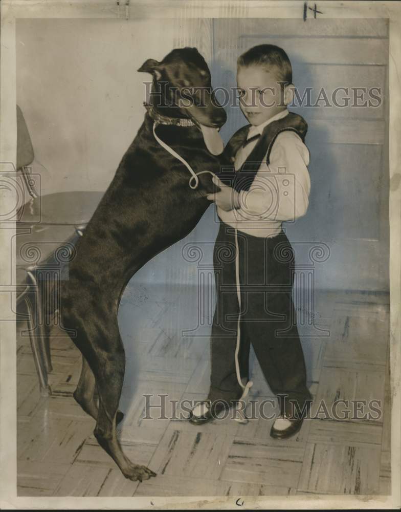 Load image into Gallery viewer, 1959 Press Photo Tony Krauss and Doberman Pinscher Duke Reunited - nox27488
