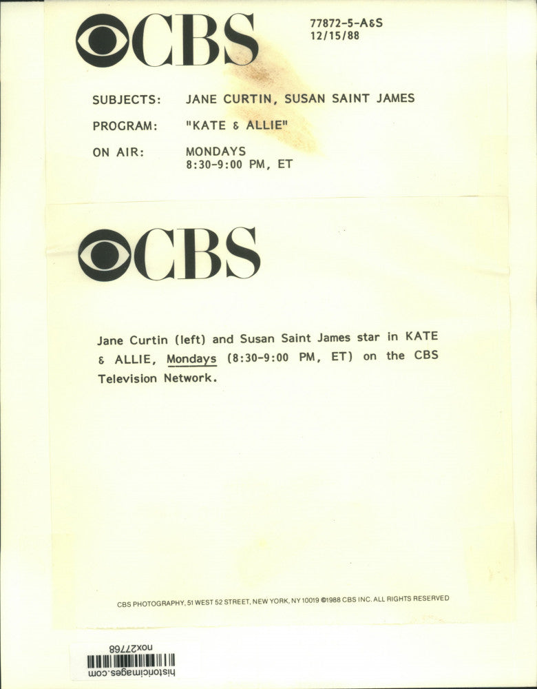 1988 Press Photo Actors Jane Curtin, Susan Saint James in "Kate & Allie"