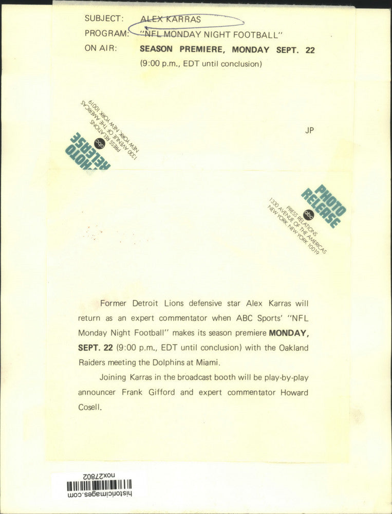 Press Photo Commentator Alex Karras on "NFL Monday Night Football" - nox27802