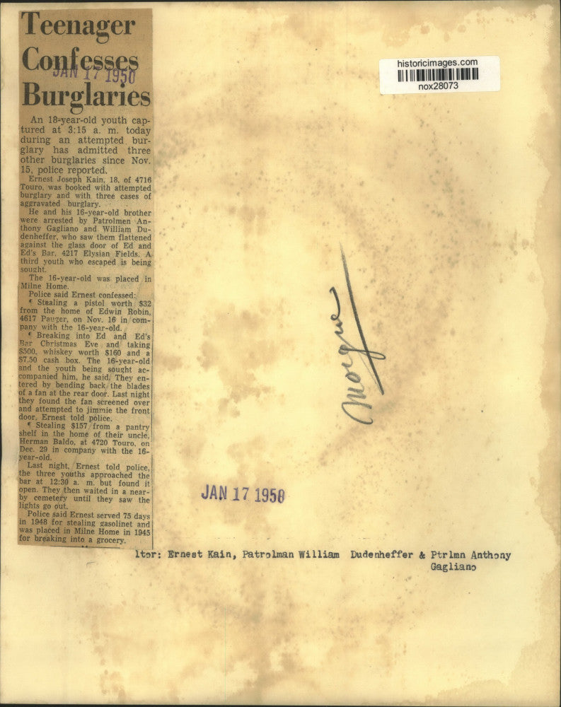 1950 Press Photo Confessed Burglar Ernest Joseph Kain with New Orleans Police