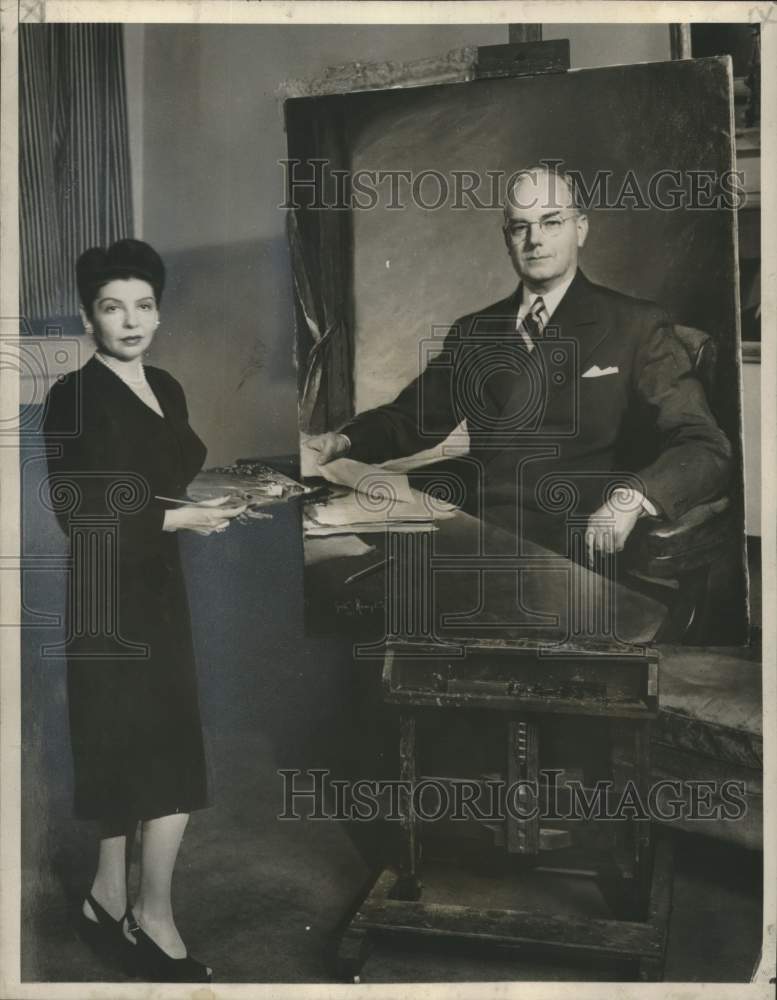 1947 Press Photo Portrait Artist with Treasury Secretary John Snyder&#39;s Portrait