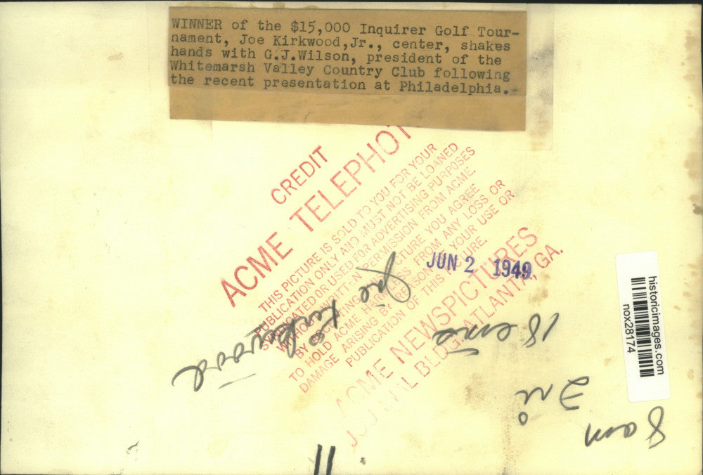 1949 Press Photo Inquirer Golf Tournament winner Joe Kirkwood Jr. & G.J. Wilson