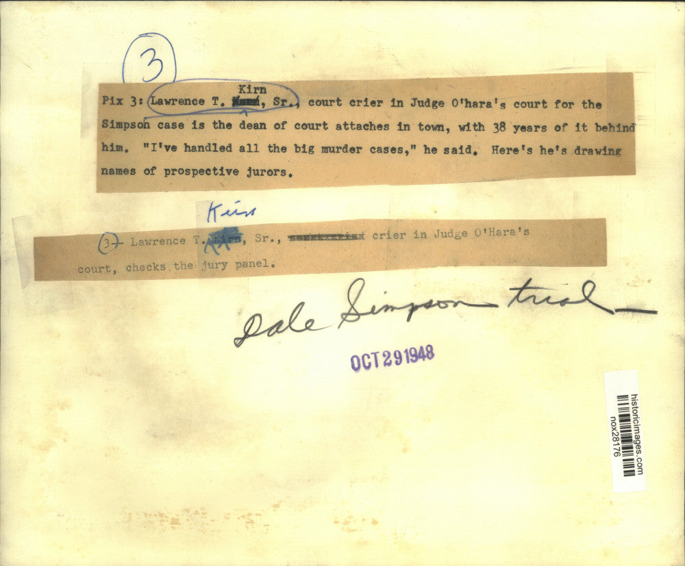1948 Press Photo Court crier Lawrence T. Kirn Sr. checks the jury panel