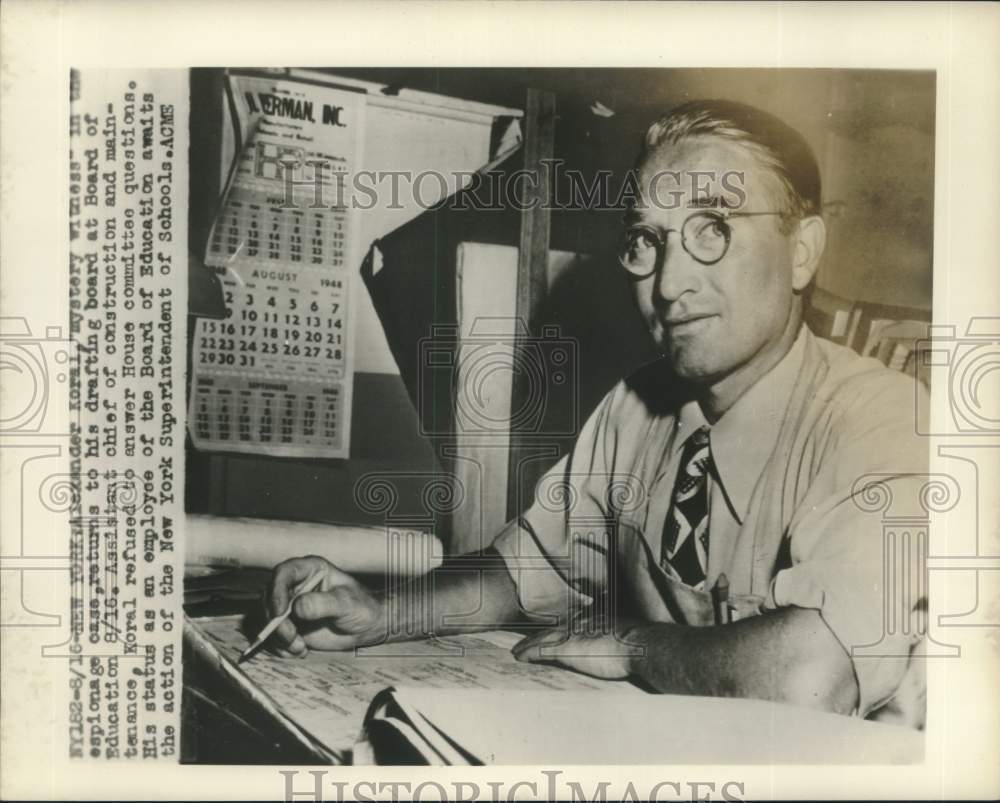 1948 Press Photo Espionage mystery witness Alexander Koral at his drafting board