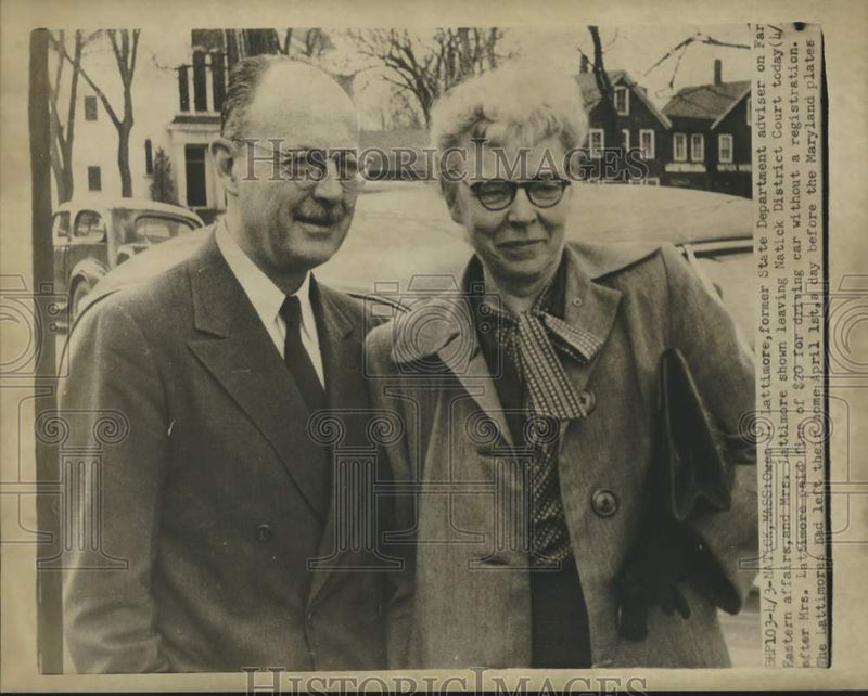 Load image into Gallery viewer, 1952 Press Photo Mr.&amp; Mrs. Owen Lattimore Leave Court after Paying Fine
