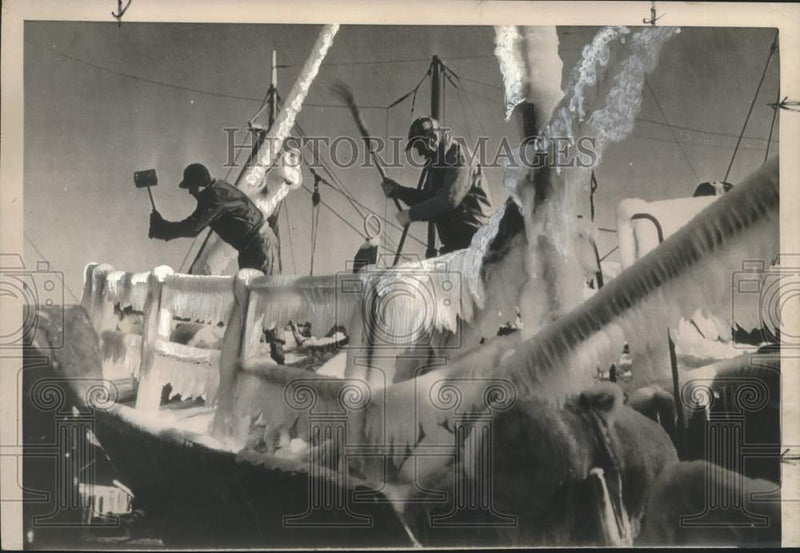 Load image into Gallery viewer, 1950 Press Photo Crew Members Chop Ice Off Fishing Trawler "Surge" in Boston
