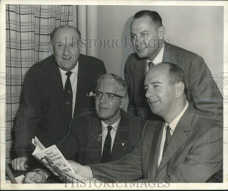 Load image into Gallery viewer, 1957 Press Photo Kiwanis Club "Show Biz" officials review plans for the show
