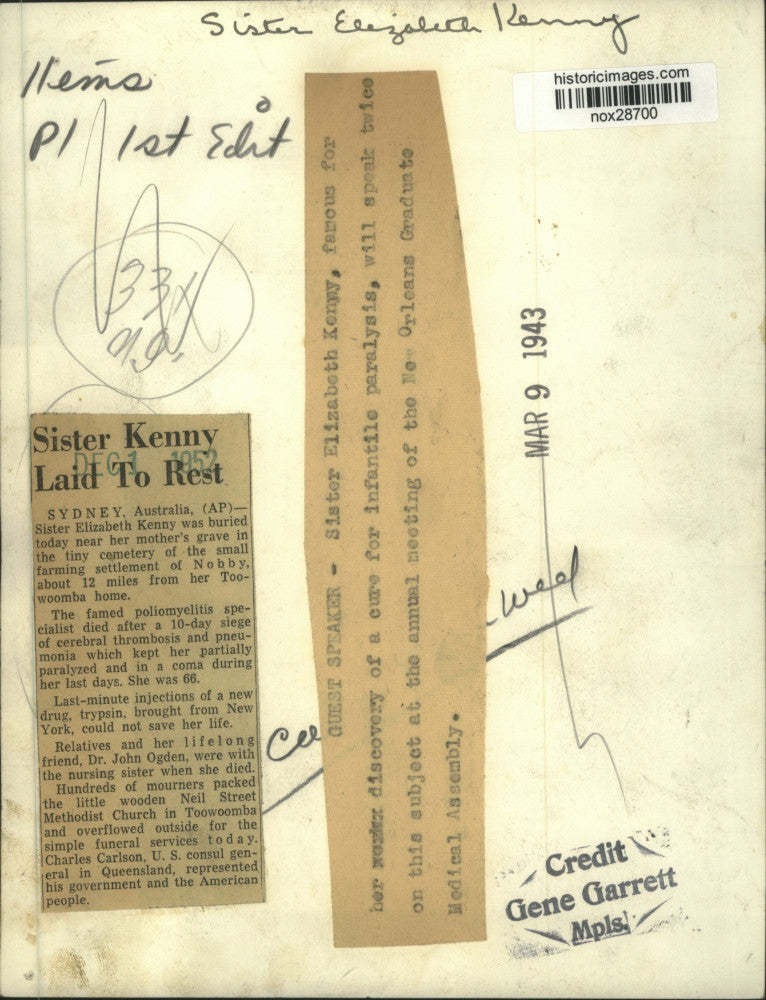 1943 Press Photo Sister Elizabeth Kenney, known for her infantile paralysis cure