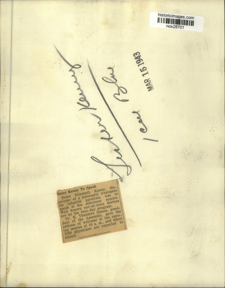 1943 Press Photo Sister Elizabeth Kenny, discoverer of infantile paralysis cure